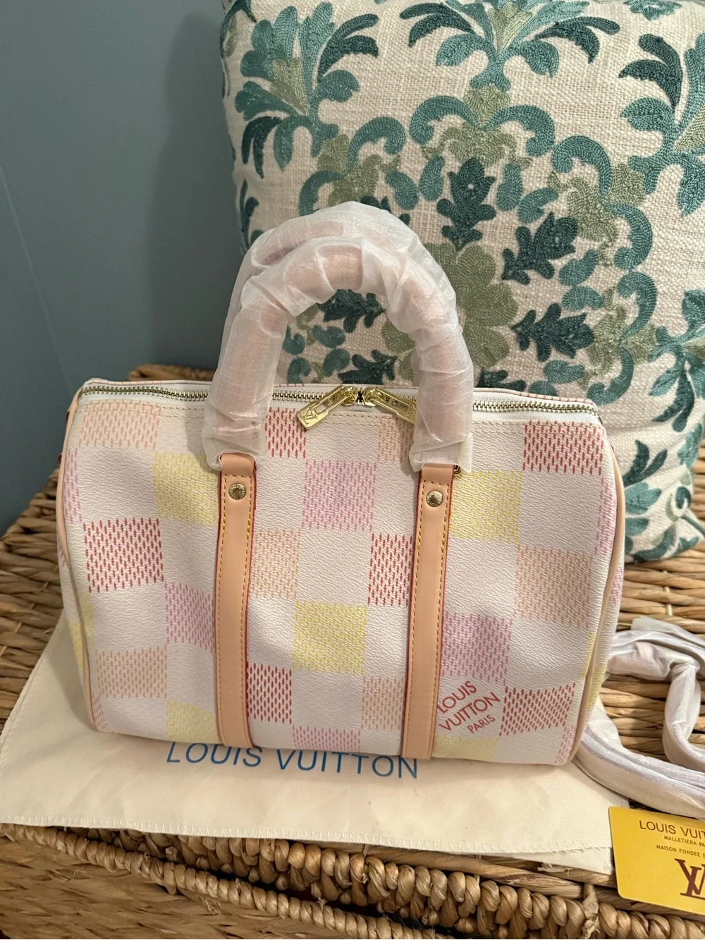 L V Pastel Checkered Speedy 30 in Pink, Cream & Yellow